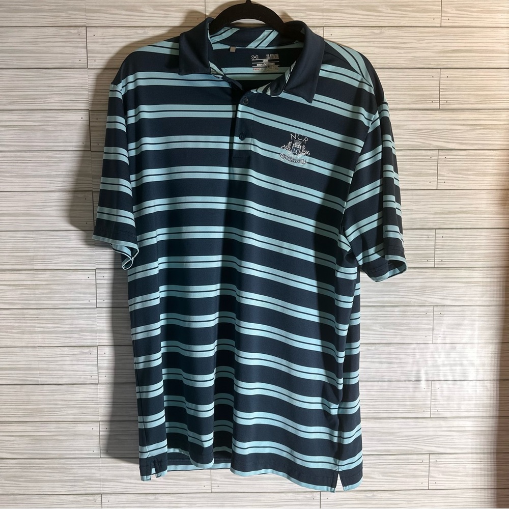 Under Armour Coupe Lache Loose Blue Striped Golf Polo Shirt Size-XL HEAT GEAR